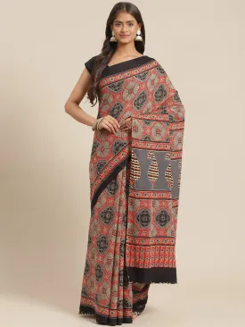 Women Olive And Red Ajrak Print Cotton Saree With Blouse