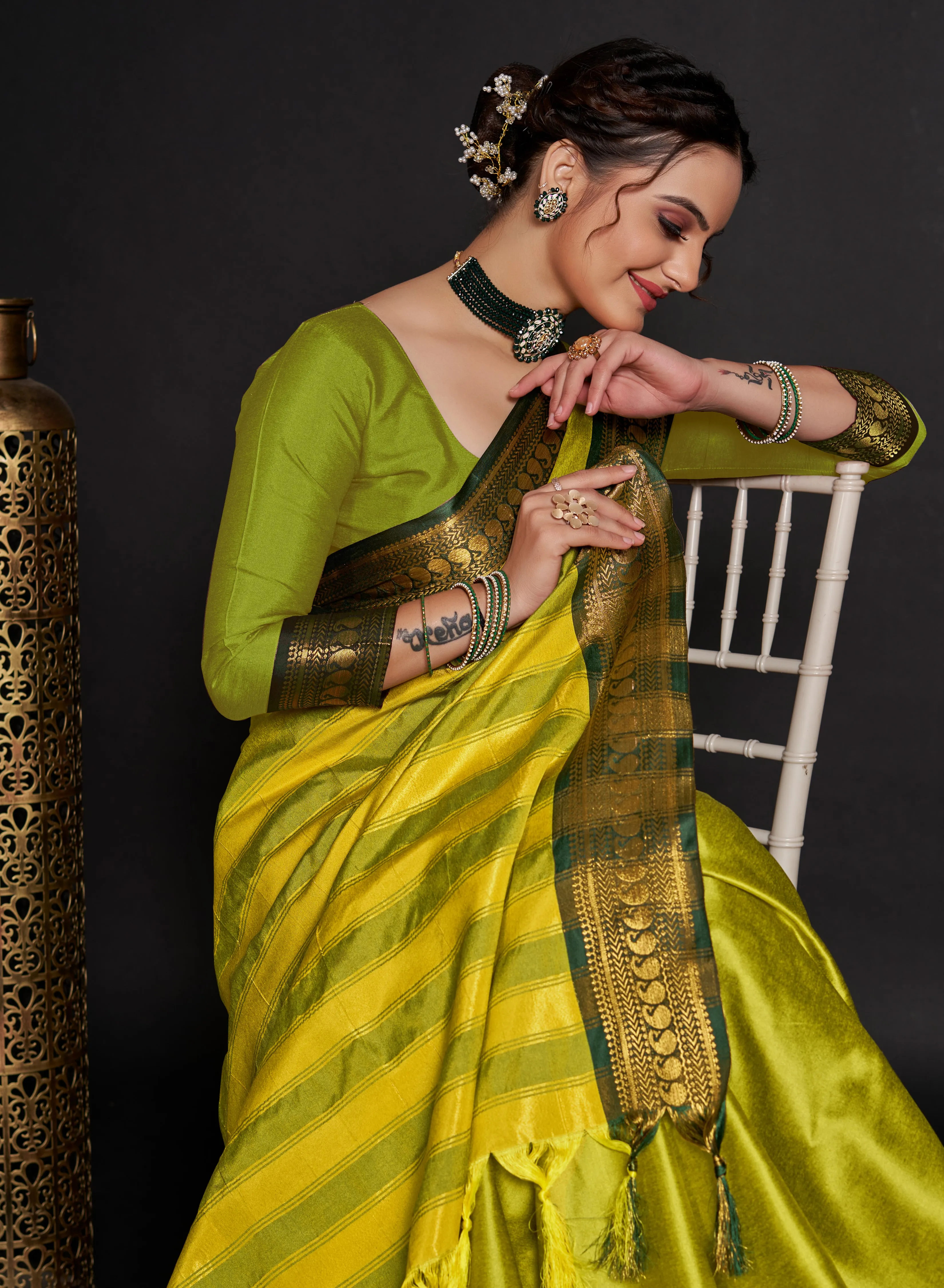 Women Party Wear Designer Soft Silk Lemon Green colour Saree with Zari Border Work