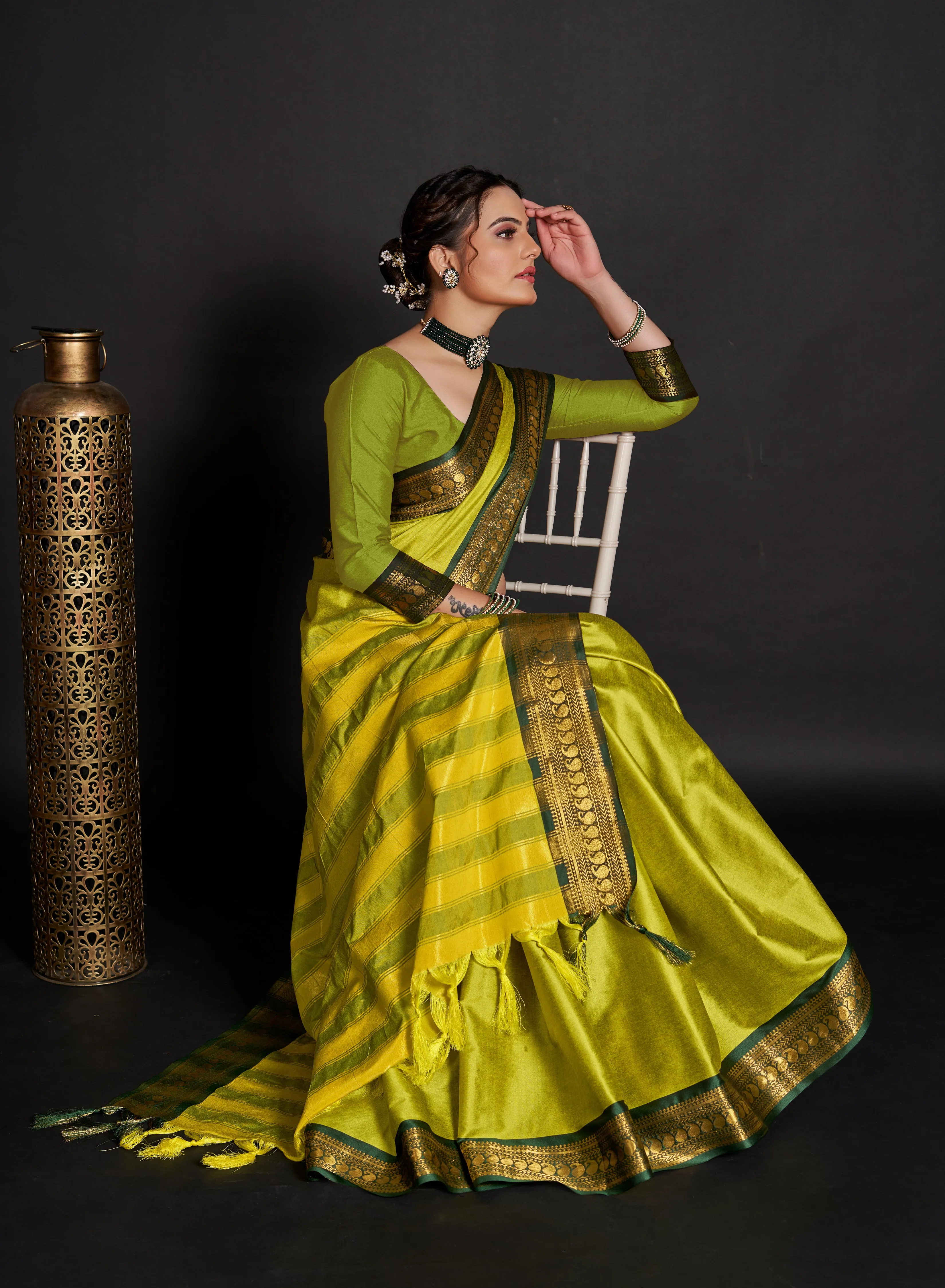 Women Party Wear Designer Soft Silk Lemon Green colour Saree with Zari Border Work