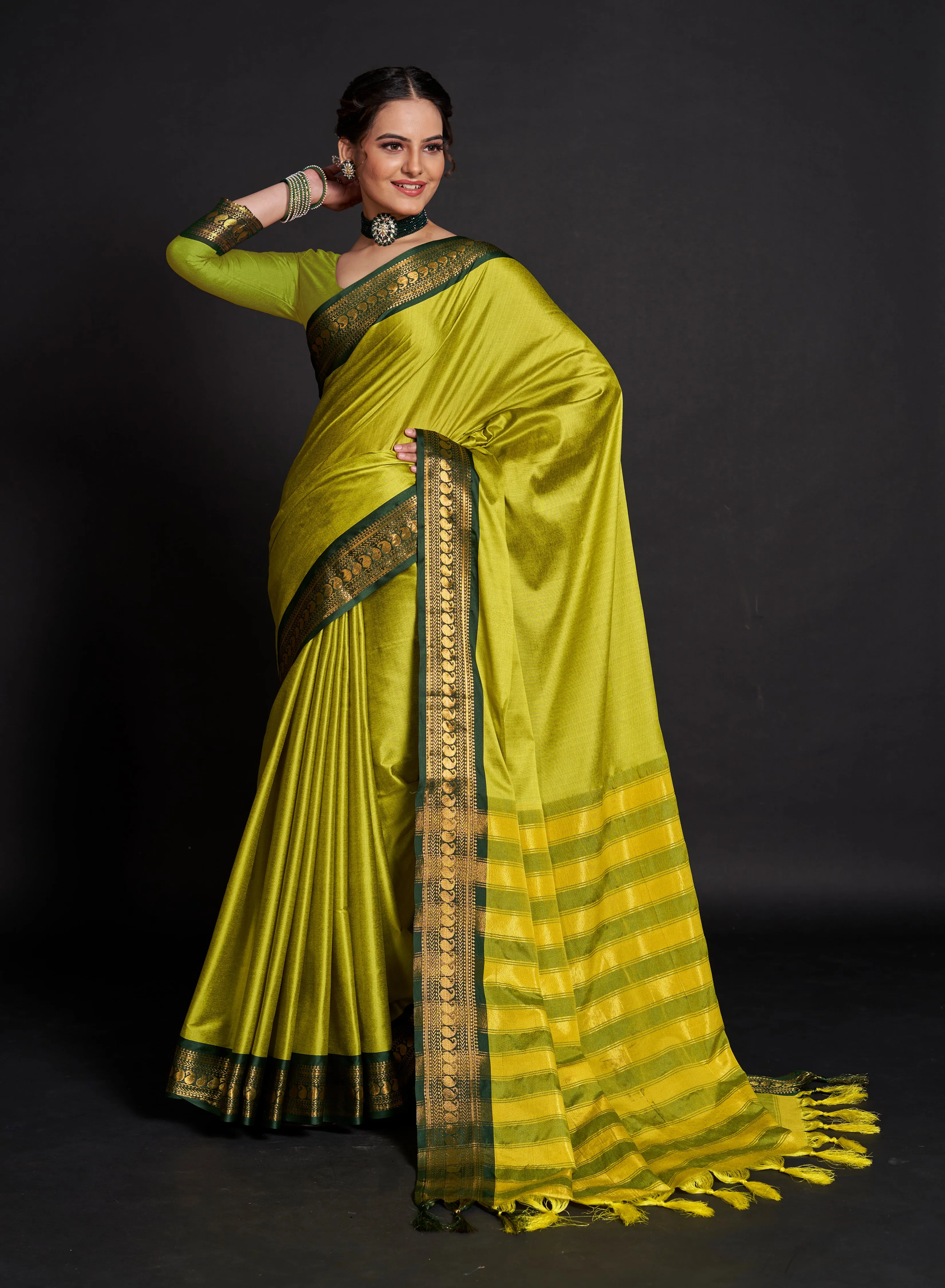 Women Party Wear Designer Soft Silk Lemon Green colour Saree with Zari Border Work