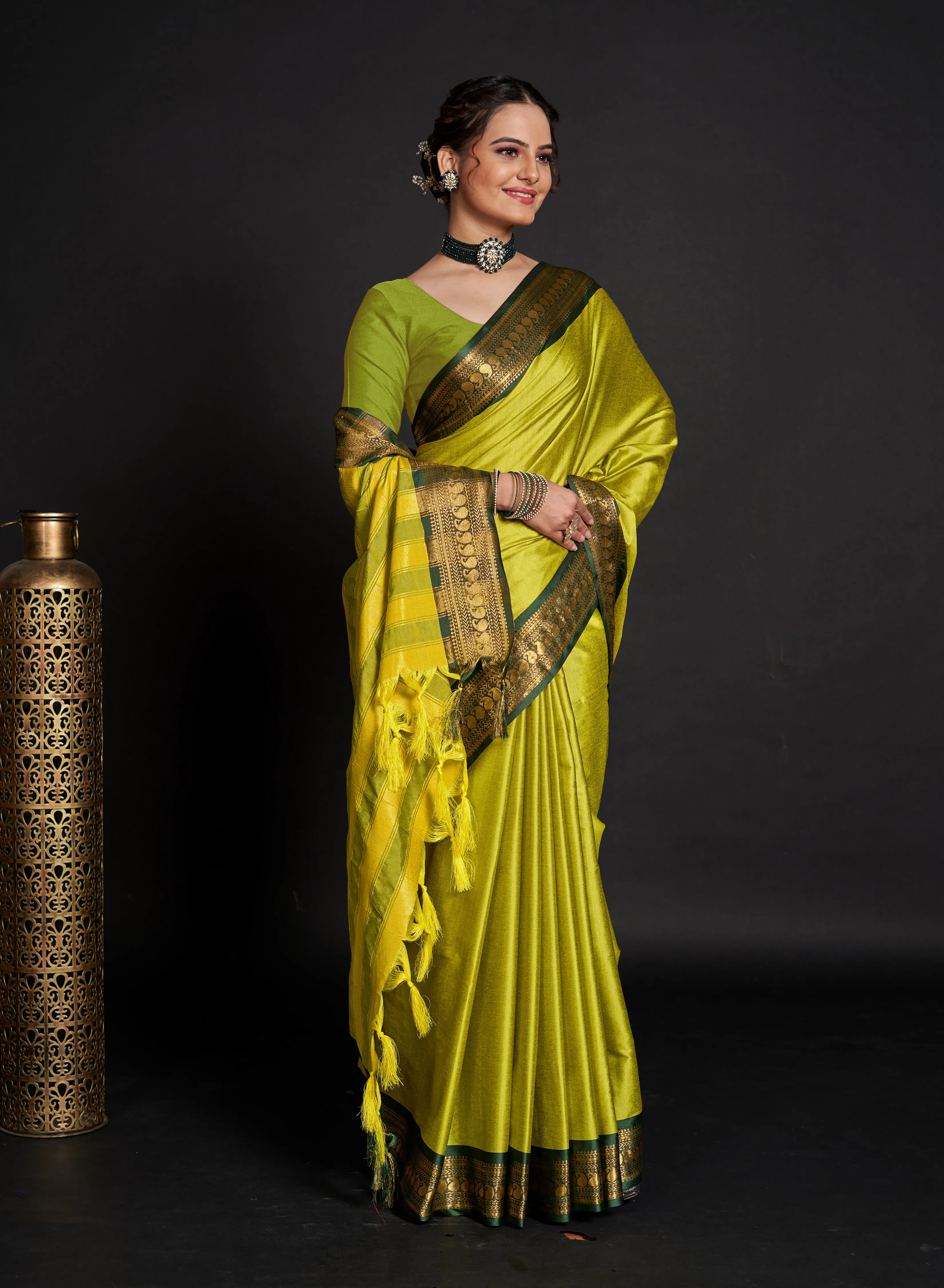 Women Party Wear Designer Soft Silk Lemon Green colour Saree with Zari Border Work