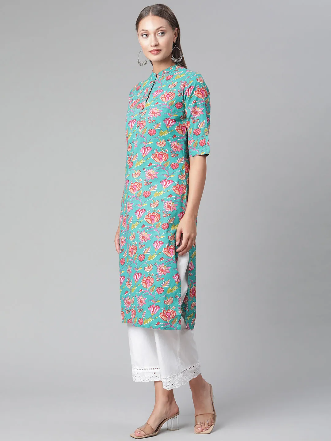 Women'S Green  Floral Print Cotton Straight Kurta