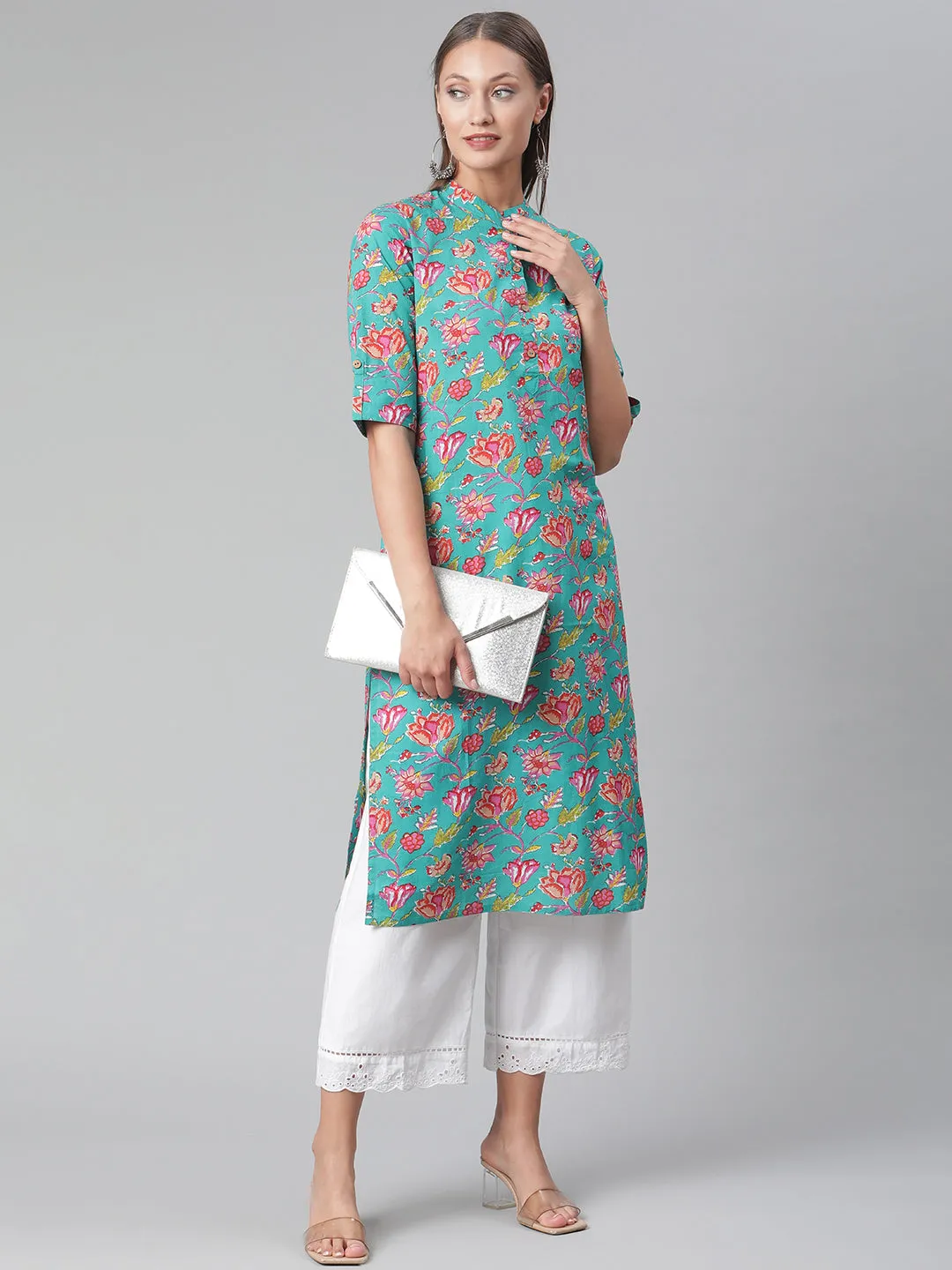 Women'S Green  Floral Print Cotton Straight Kurta