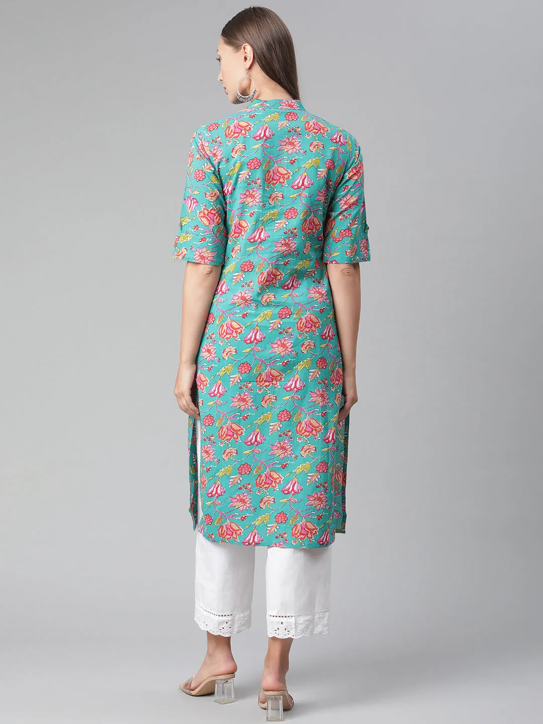 Women'S Green  Floral Print Cotton Straight Kurta