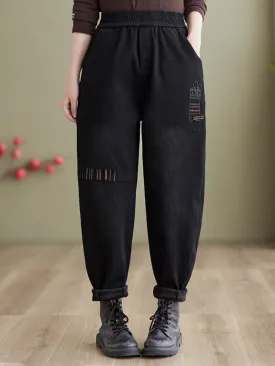 Women's Winter Embroidery Fleece Thickened Loose Jeans Harem Pants